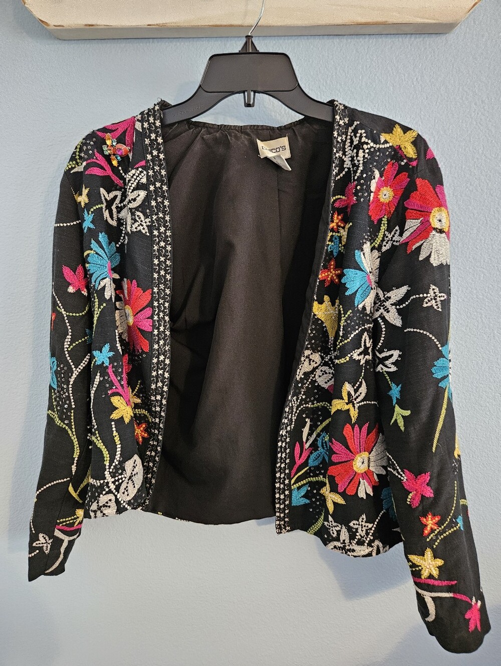 Chico's Black Open-Front Jacket with Colorful Floral Embroidery